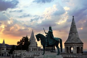 king, Architecture, Old building, Budapest, Hungary, Sunset, Clouds, Tower, Historic, Ancient, Horse, Trees, Statue, Hills