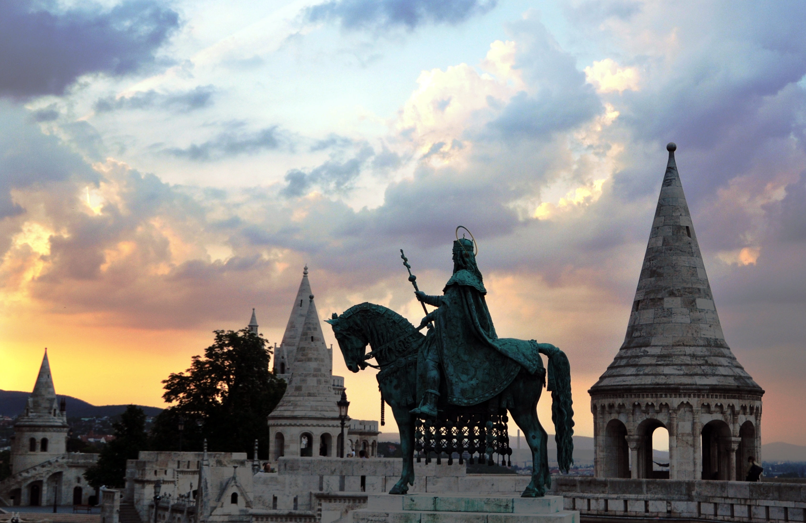 king, Architecture, Old building, Budapest, Hungary, Sunset, Clouds, Tower, Historic, Ancient, Horse, Trees, Statue, Hills Wallpaper