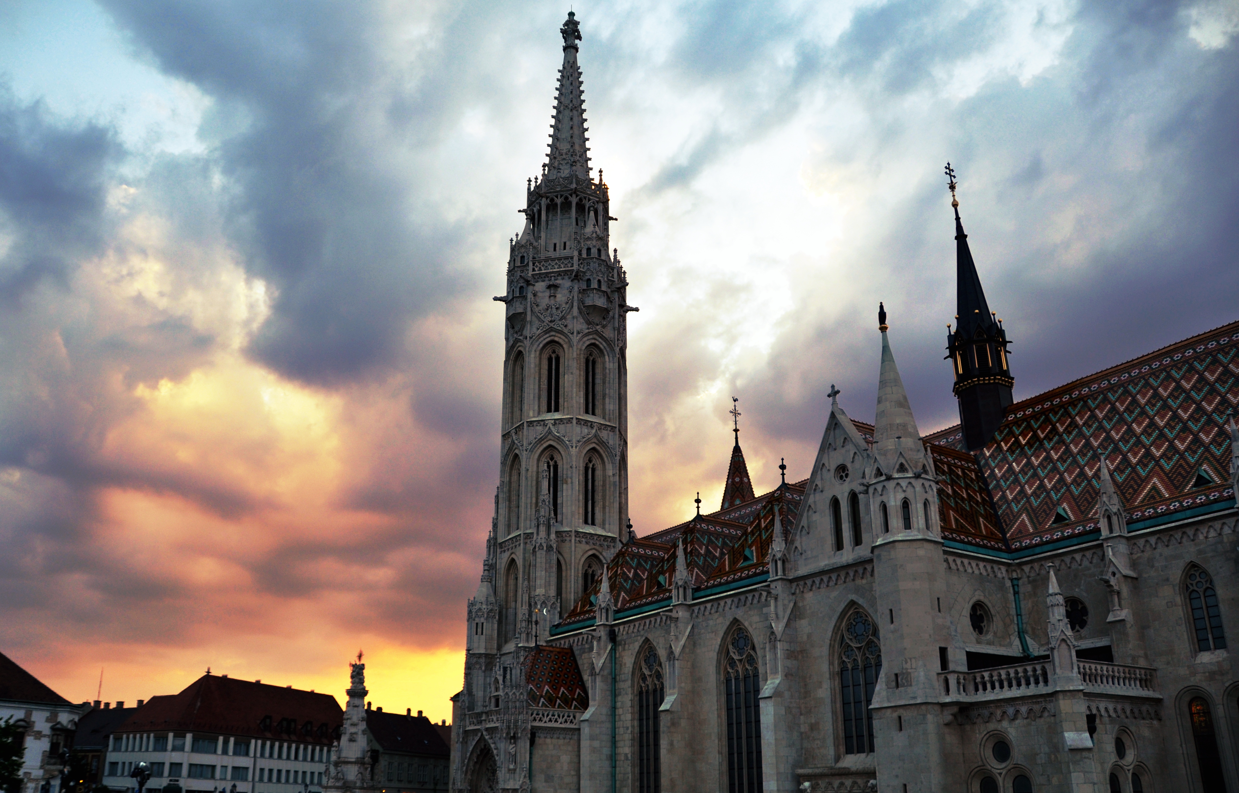 architecture, Old building, Budapest, Hungary, Sunset, Clouds, Tower, Historic, Ancient, Cathedral, Rooftops Wallpaper