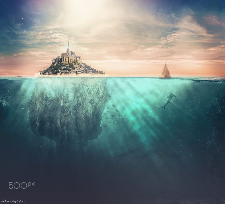 Mehdi Mostefaï, Digital art, Underwater, Sea, Mont Saint Michel HD Wallpaper Desktop Background