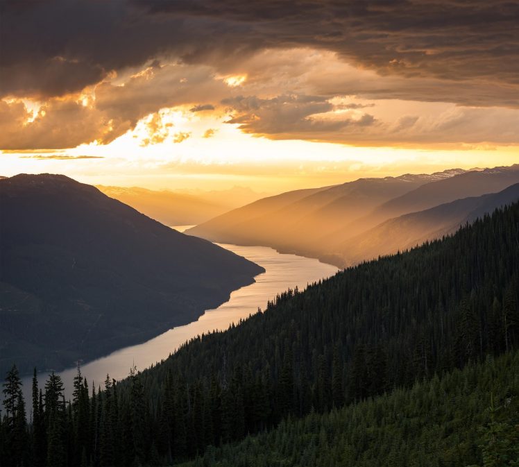 Revelstoke, Mountains, River, Sunset, Sunrise, Trees, British Columbia, Canada HD Wallpaper Desktop Background