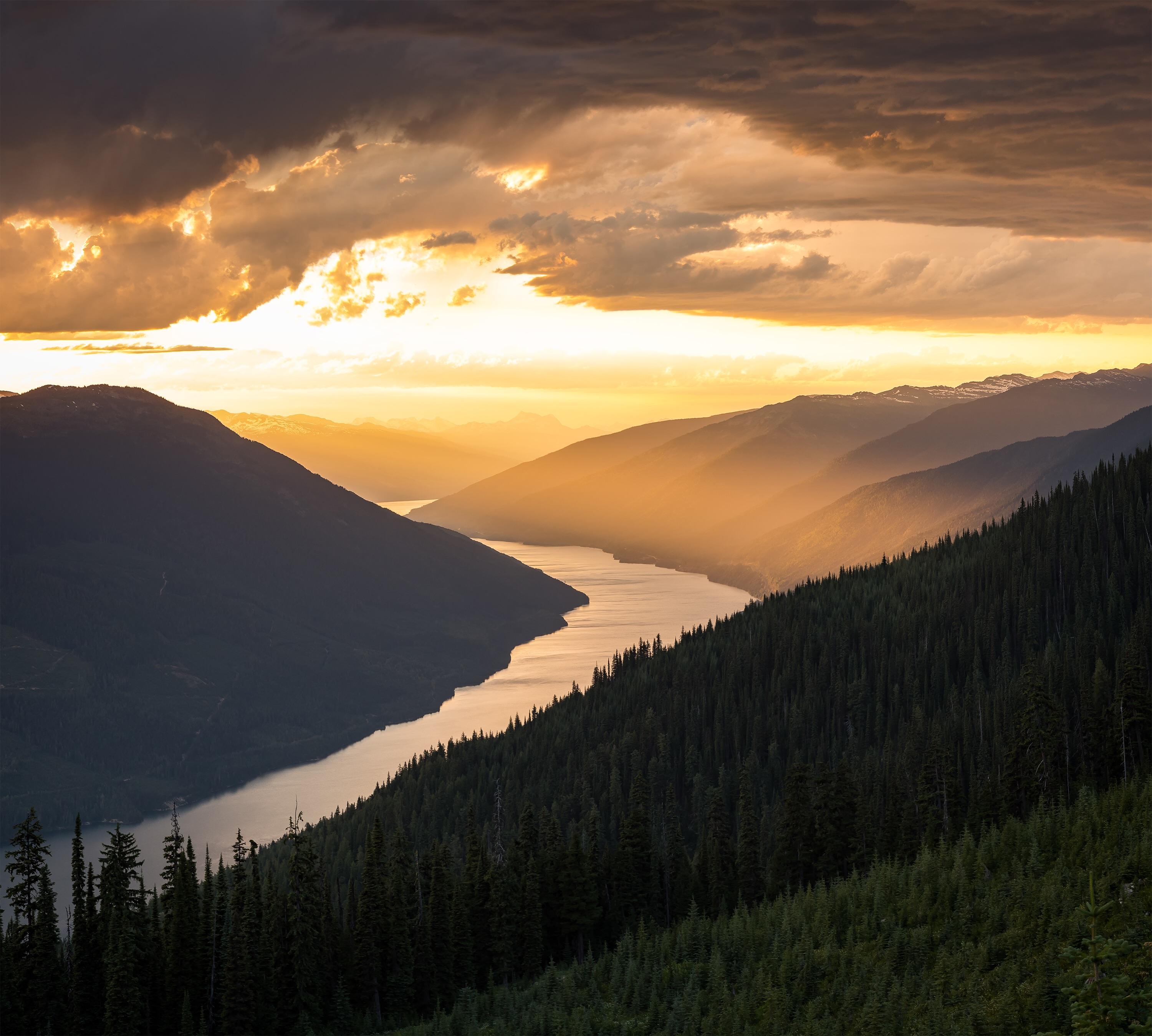 Revelstoke, Mountains, River, Sunset, Sunrise, Trees, British Columbia, Canada Wallpaper