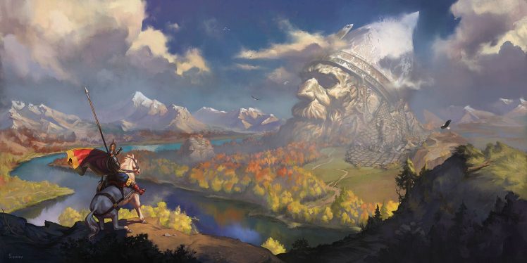 knight, Artwork, Fantasy art, Statue, Horse, Landscape, River, Mountains HD Wallpaper Desktop Background
