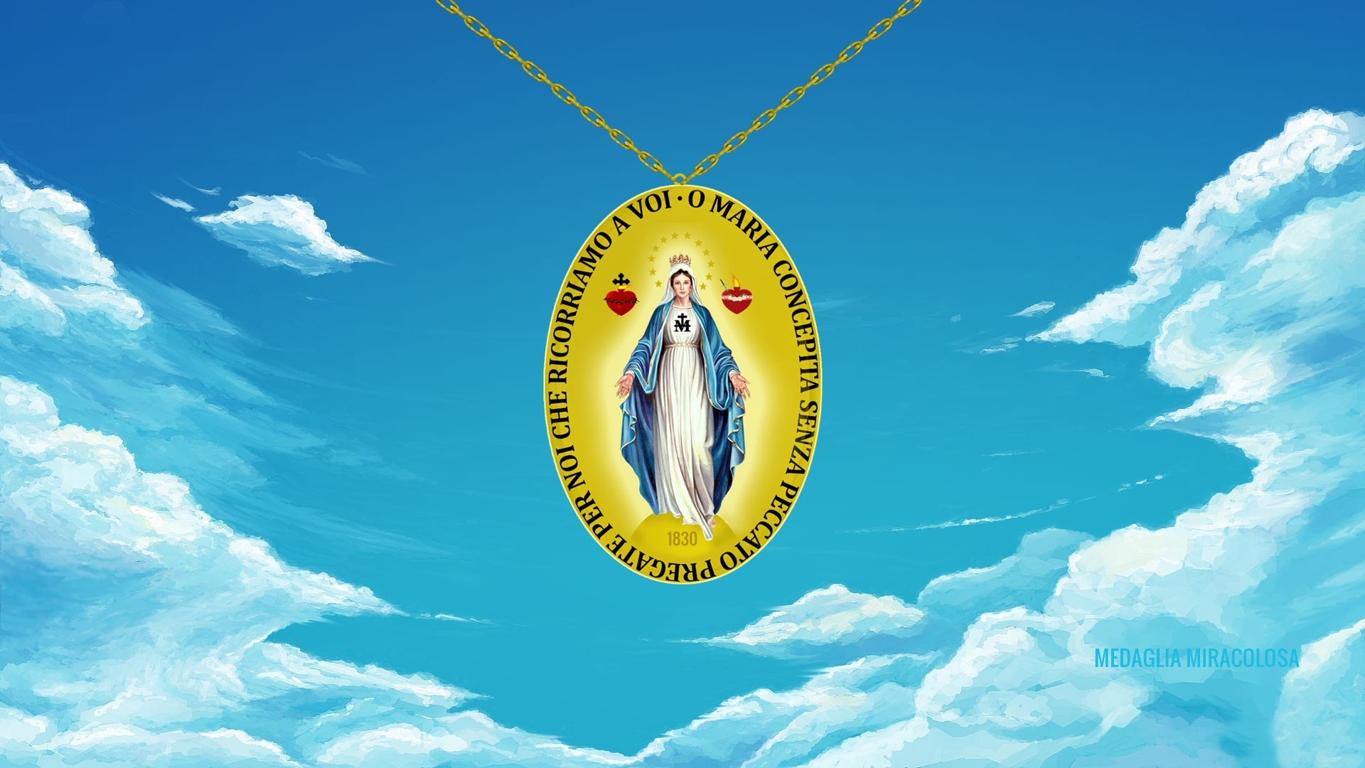 Virgin Mary, Medals, Sky, Clouds, Gold Wallpaper