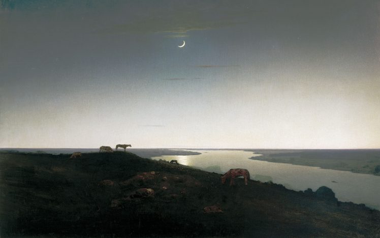 Arkhip Kuindzhi, Classic art, Classical art, River, Night, Crescent moon HD Wallpaper Desktop Background