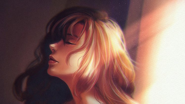 blonde, Closed eyes, Sun rays, Artwork HD Wallpaper Desktop Background