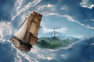 sailing ship, Sea, Lighthouse, Fantasy art, Ship, Artwork