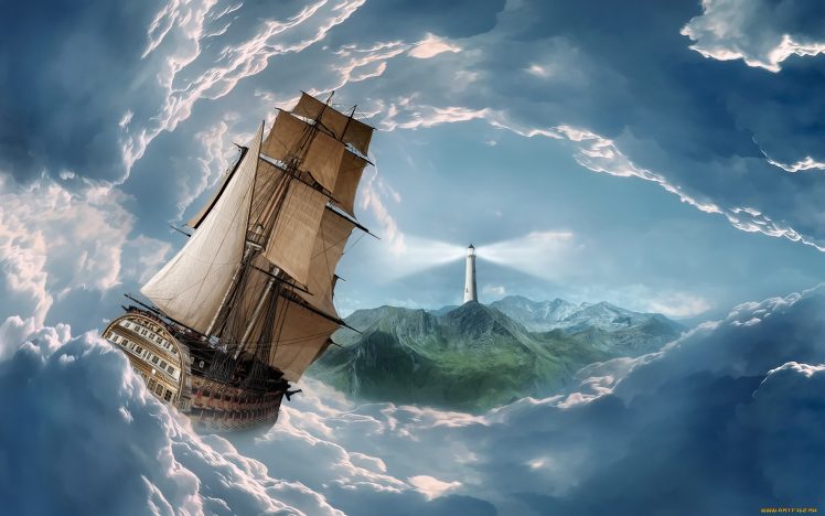 sailing ship, Sea, Lighthouse, Fantasy art, Ship, Artwork HD Wallpaper Desktop Background