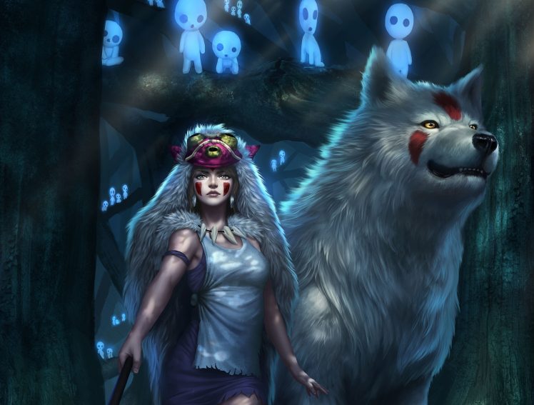 creature, Fantasy art, Fantasy girl, Wolf, Ghosts, Princess Mononoke HD Wallpaper Desktop Background