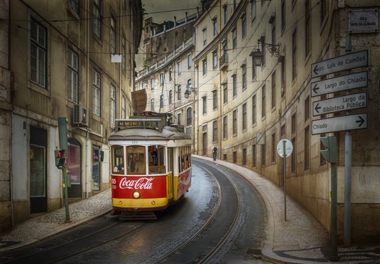 cityscape, Portugal, Lisbon, Tram, Coca Cola HD Wallpaper Desktop Background
