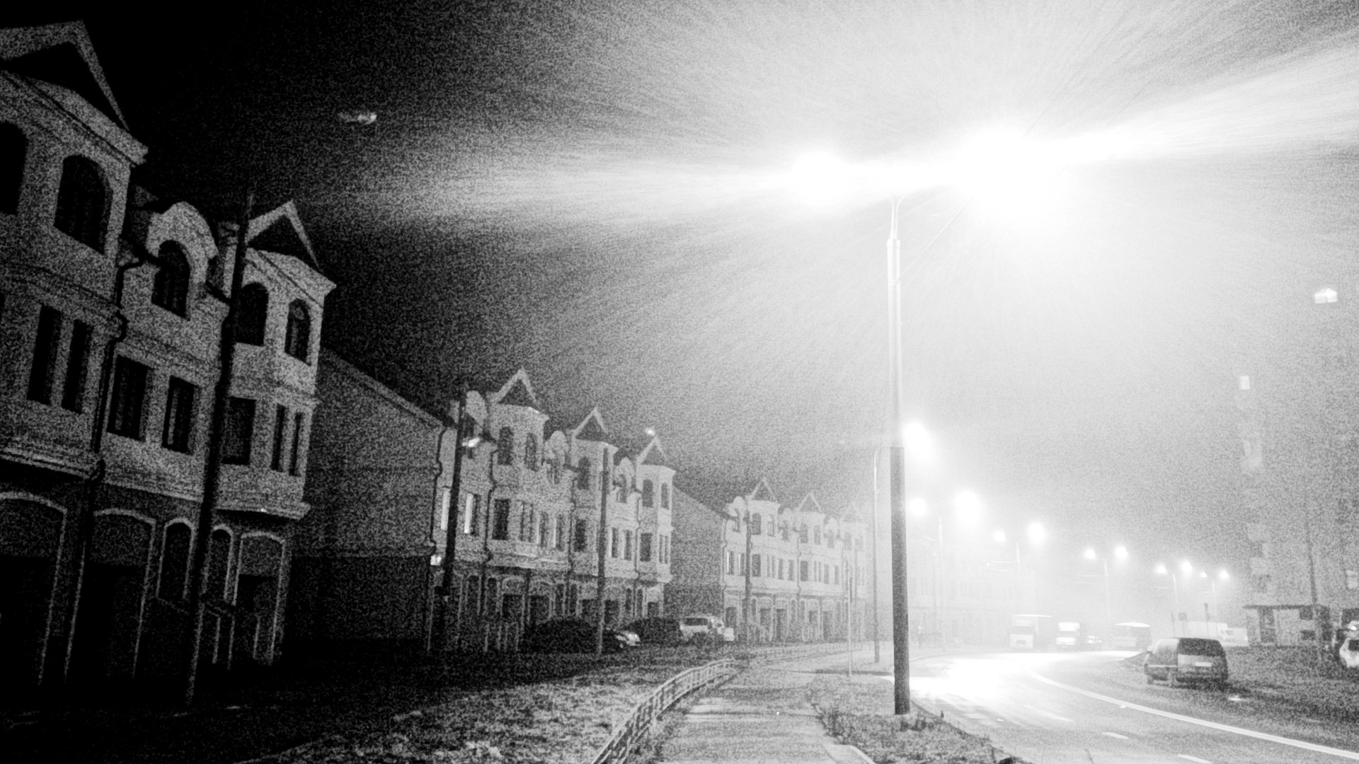 night, Mist, Downtown, Monochrome, Noisy Wallpaper