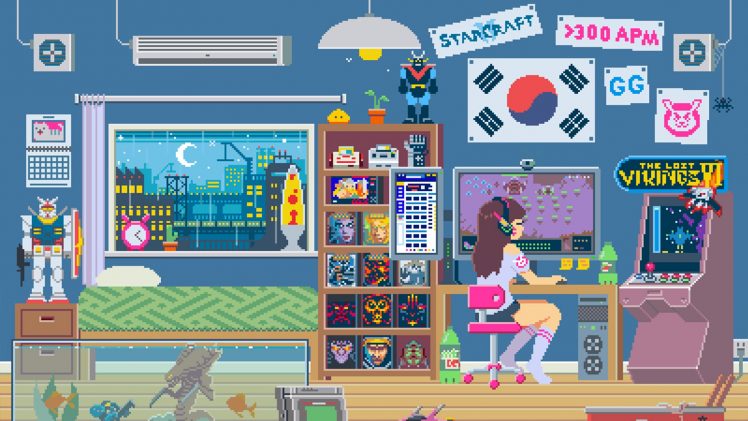 video games, D.Va (Overwatch), Pixels, Alien (movie), Diablo, Mountain Dew, Lava lamp, SNES, Overwatch, Robot, South Korea, Mobile Suit Zeta Gundam HD Wallpaper Desktop Background