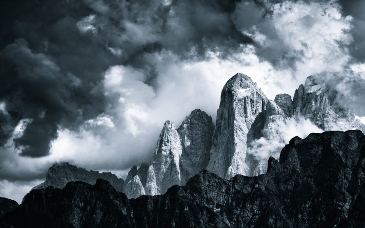 Jakub Polomski, Photography, Monochrome, Nature, Landscape, Mountains, Clouds, Italy, Dolomites (mountains) HD Wallpaper Desktop Background