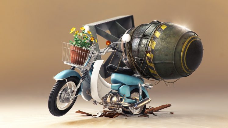 grenades, Mopeds, Flowerpot, Yellow flowers, Bombs, Photo manipulation, Photoshop, Atomic bomb HD Wallpaper Desktop Background
