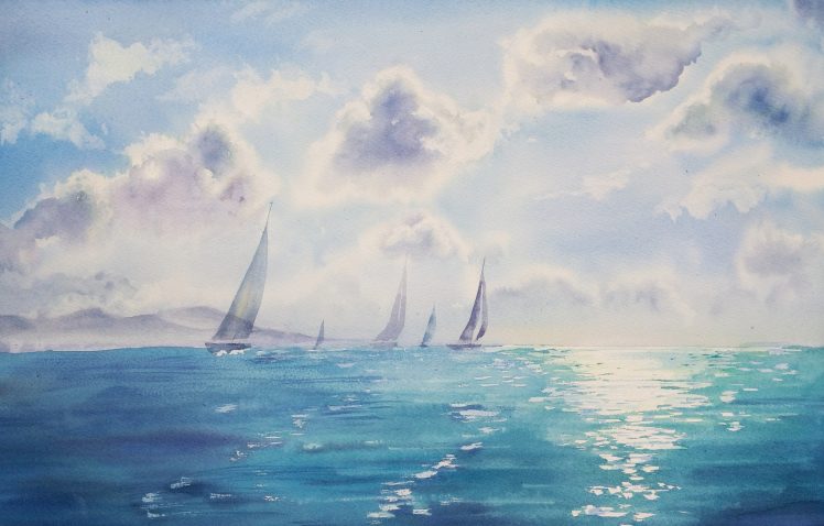 watercolor, Blue, Sky, Nature, Sea HD Wallpaper Desktop Background