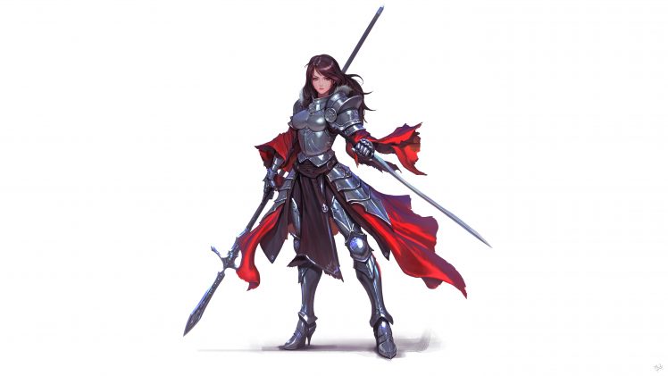 original characters, Women, Brunette, Knight, Red eyes, Artwork, Armor, Spear, Sword, White  background, High heels HD Wallpaper Desktop Background