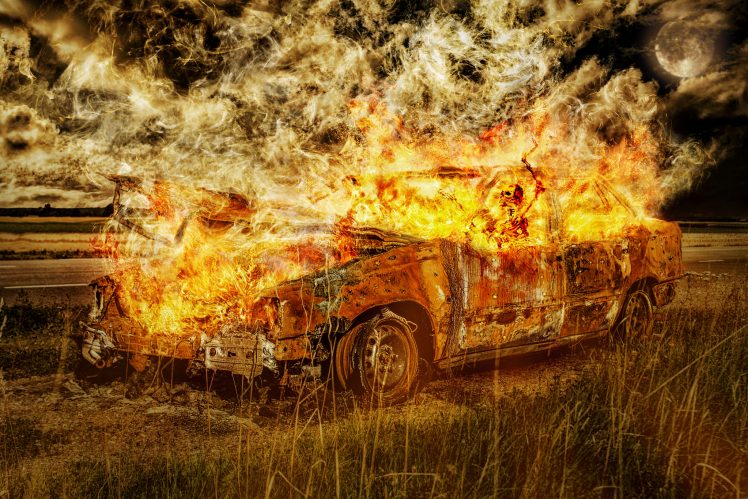 fire, Car, Horror, Skeleton, Digital art HD Wallpaper Desktop Background