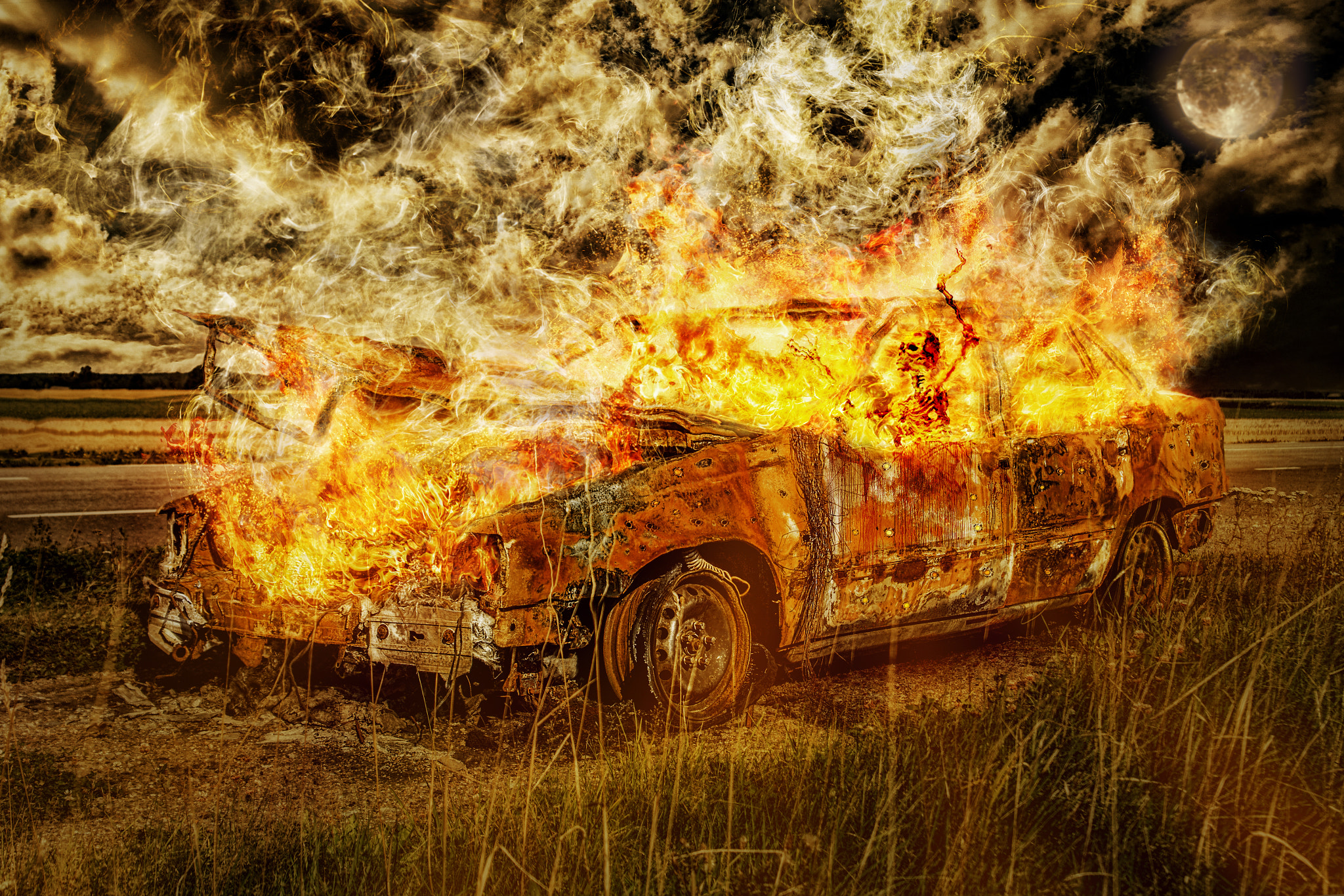 fire, Car, Horror, Skeleton, Digital art Wallpaper
