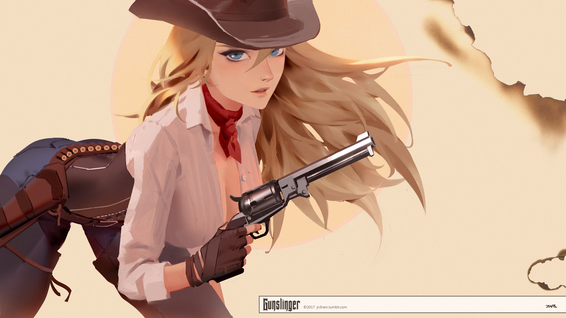 cowgirl, Blonde, Blue eyes, Girls with guns, Revolver, Scarf, Illustration, Gloves, Cowboy hats Wallpaper