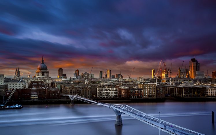 London, Cityscape, St. Paul&039;s Cathedral, Cranes (machine), Bridge, River Thames, England HD Wallpaper Desktop Background