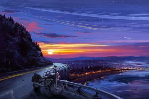 Aenami, Digital art, Sunset, Motorcycle