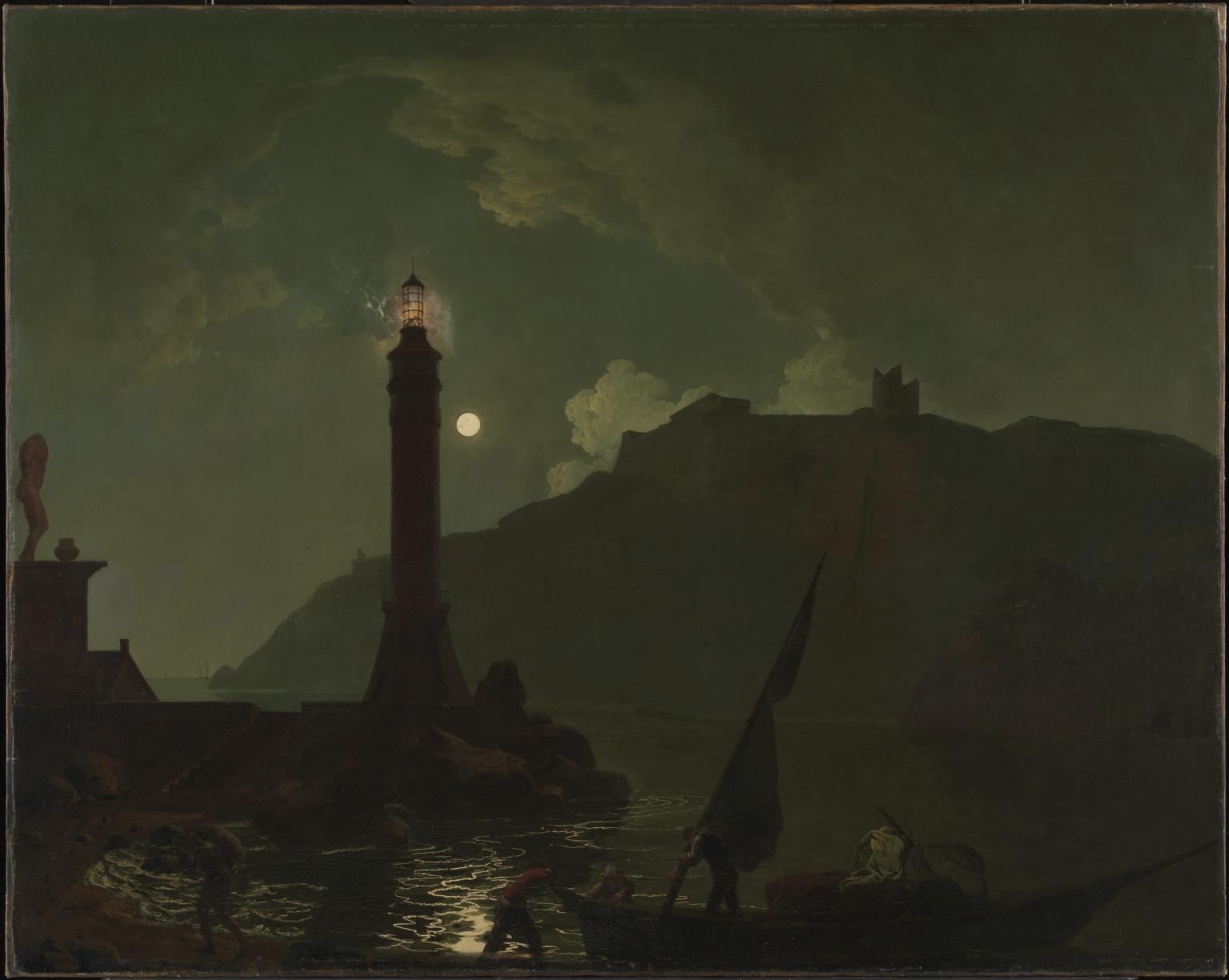 A Moonlight With A Lighthouse, Coast Of Tuscany ?exhibited 1789 By Joseph Wright Of Derby 1734 1797 Wallpaper