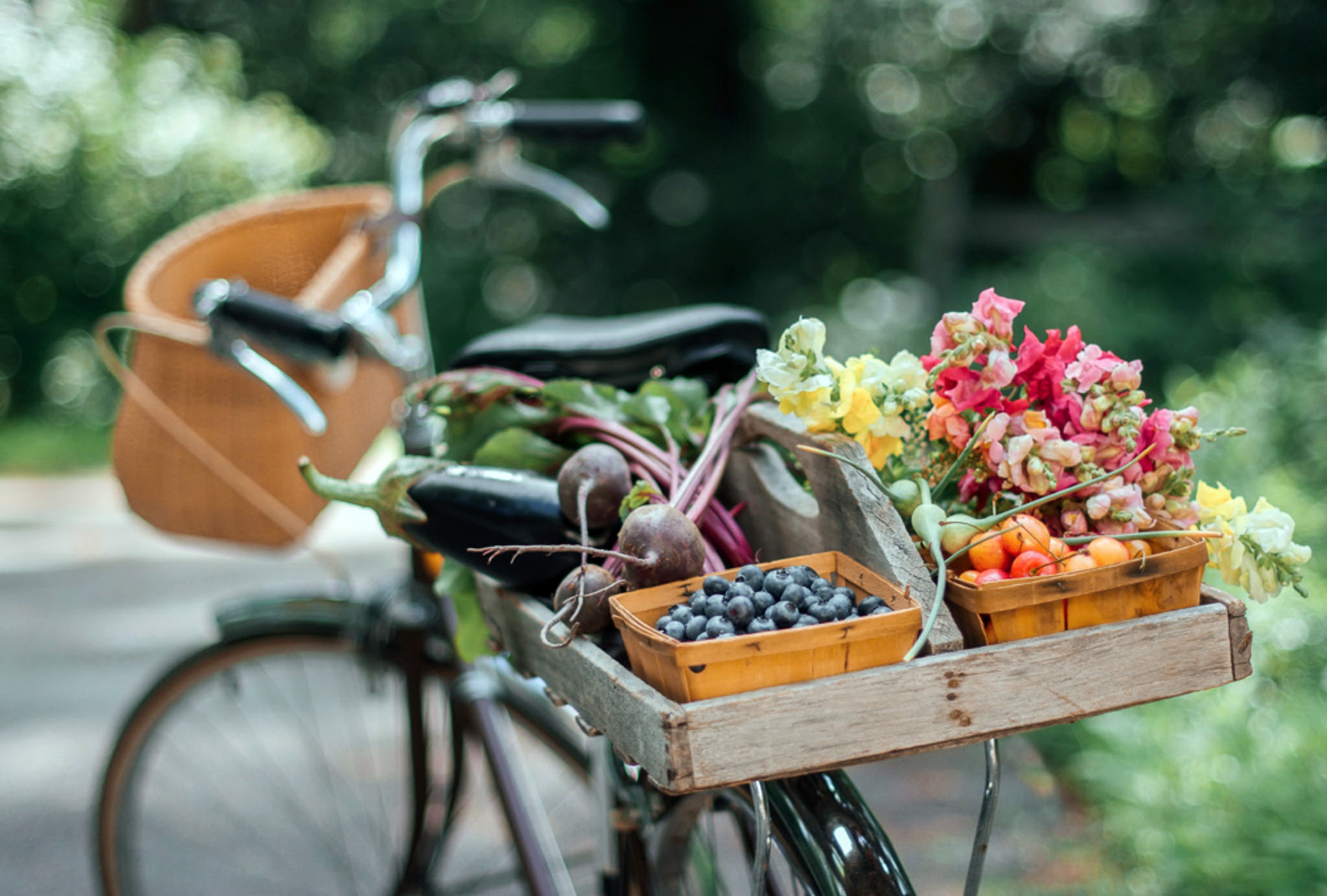 bicycle, Bokeh, Fruit, Flowers, Summer, Food Wallpaper