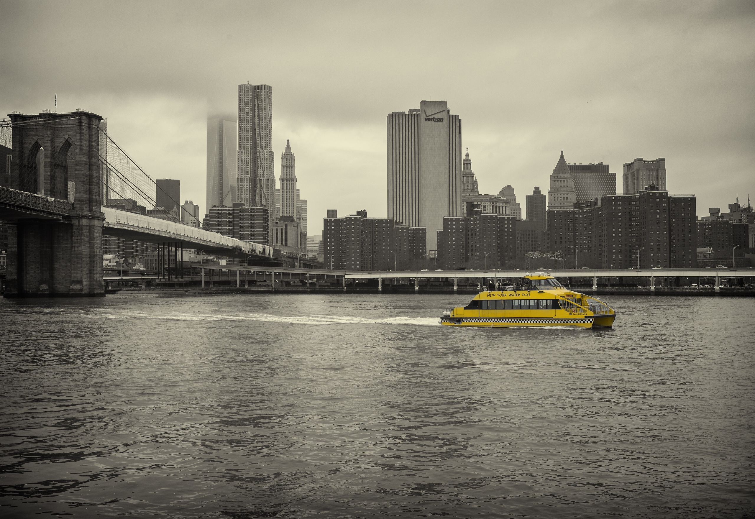 boat, Yellow, New York City, USA, Taxi, River, Cityscape, Brooklyn Bridge, Selective coloring Wallpaper