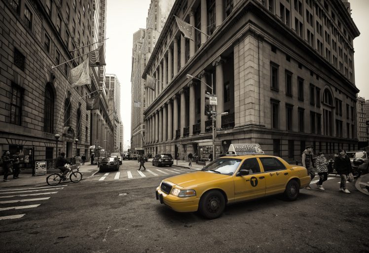 taxi, New York City, Traffic, Vehicle, Selective coloring, Cityscape, Car HD Wallpaper Desktop Background