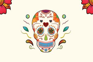 skull, Colorful, Red flowers