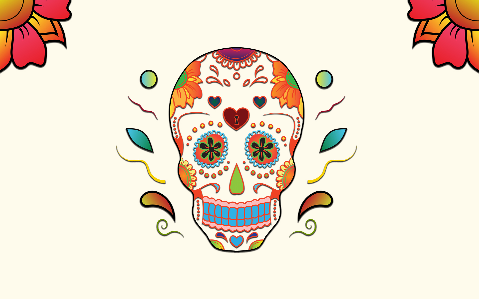 skull, Colorful, Red flowers Wallpaper