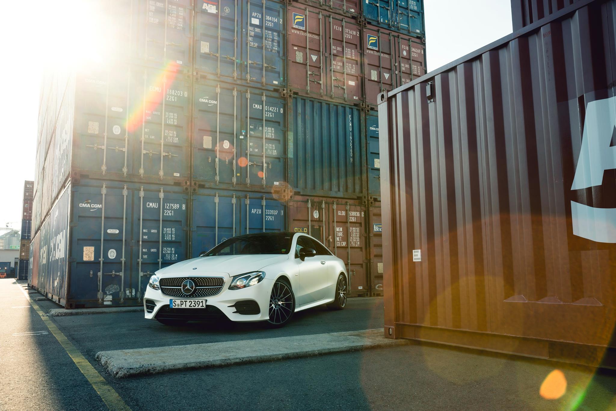 Mercedes Benz, White, Car, Containers, Lens flare Wallpaper