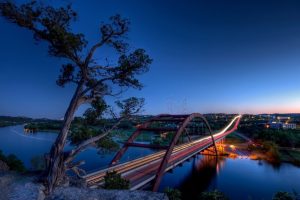 bridge, Pennybacker Bridge, Sunset, River, Austin (Texas), Lake Austin, Light trails, Long exposure