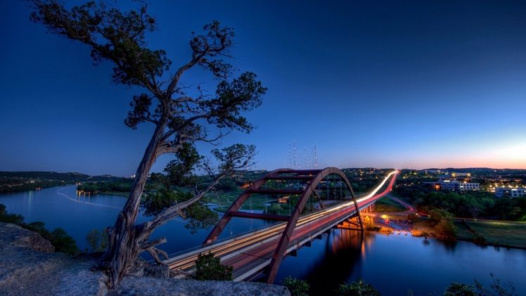 bridge, Pennybacker Bridge, Sunset, River, Austin (Texas), Lake Austin, Light trails, Long exposure HD Wallpaper Desktop Background