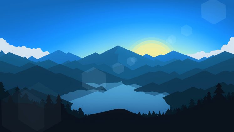 minimalism, Abstract, Sun, Geometry, Landscape, Mountains, Trees, Lake HD Wallpaper Desktop Background