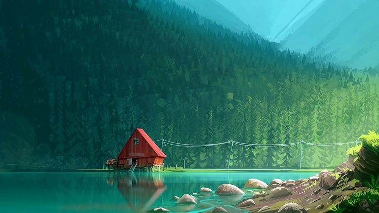 artwork, Lake, House, Rock, Forest, Reflection HD Wallpaper Desktop Background