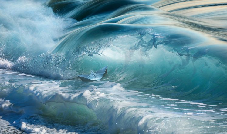 water, Sea, Waves, Paper boats, Digital art HD Wallpaper Desktop Background