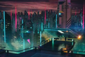 science fiction, Futuristic, Neon, Futuristic city, Cityscape, Digital art, Metropolis, Night, Lights, Building, Cyberpunk, Transistor