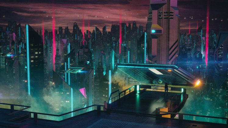 science fiction, Futuristic, Neon, Futuristic city, Cityscape, Digital art, Metropolis, Night, Lights, Building, Cyberpunk, Transistor HD Wallpaper Desktop Background