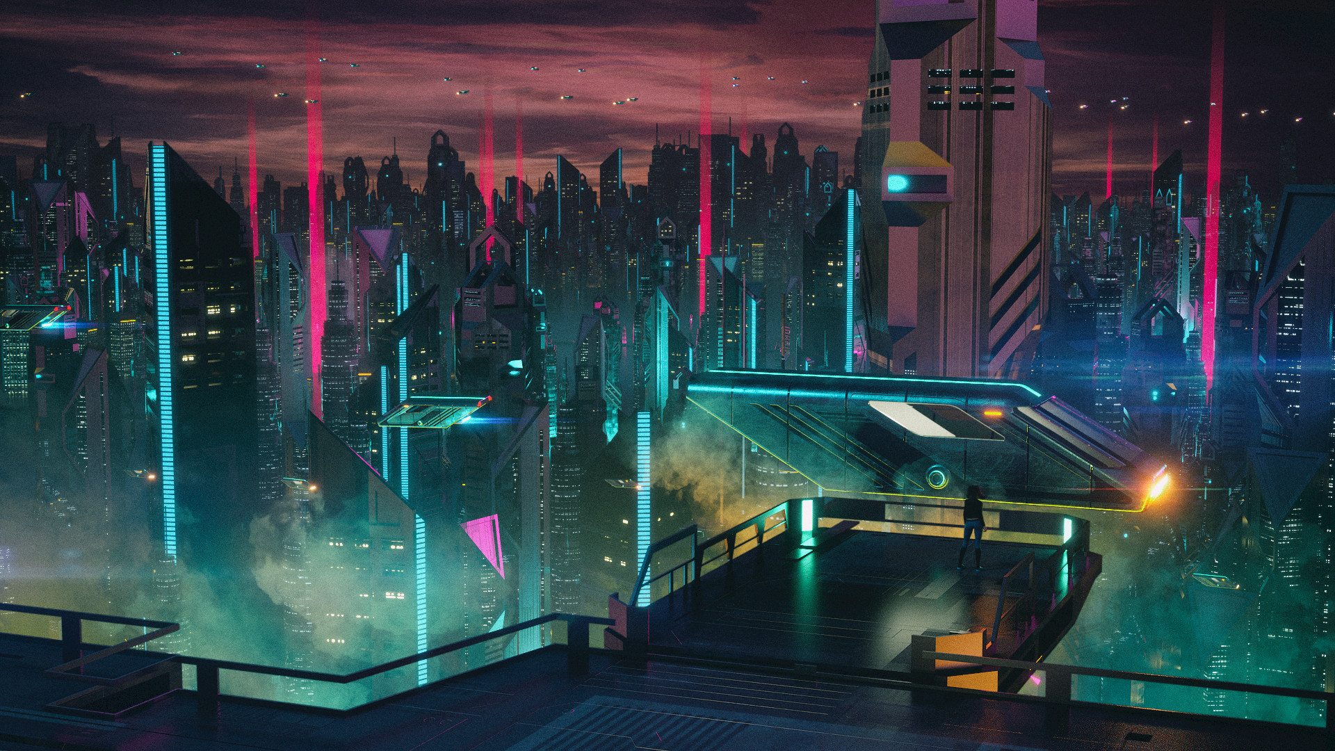 science fiction, Futuristic, Neon, Futuristic city, Cityscape, Digital art, Metropolis, Night, Lights, Building, Cyberpunk, Transistor Wallpaper