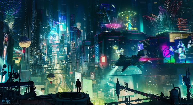 cyberpunk, Cityscape, City, Skyscraper, Building, Futuristic, Futuristic city, Lights, Night, Metropolis, Digital art, Advertisements, Street light, Street HD Wallpaper Desktop Background