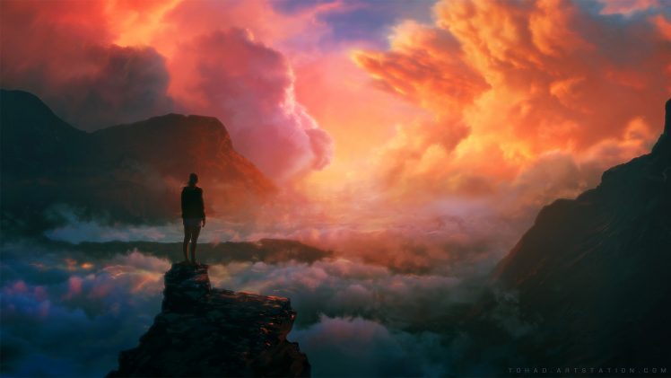 women, Landscape, Water, Clouds, Sky, Mountains, Digital art, Sunset, Sun HD Wallpaper Desktop Background