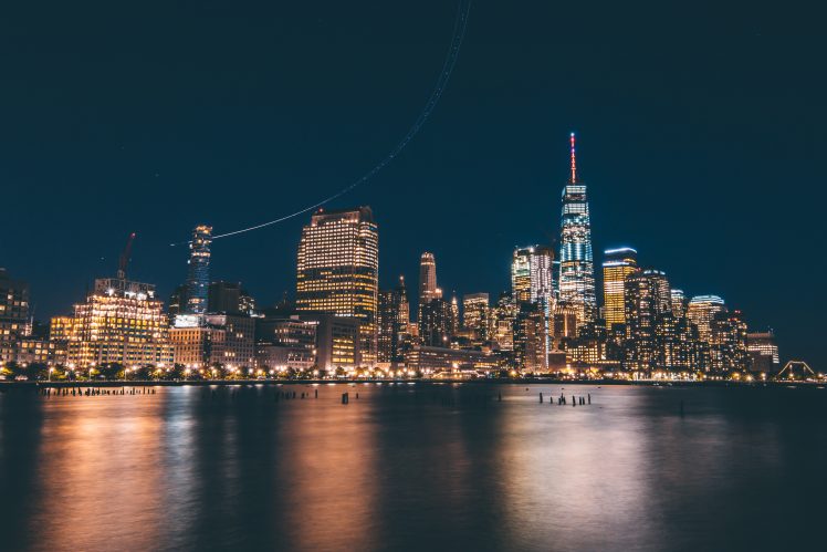city, Lights, Water, New York City, Night, Airplane HD Wallpaper Desktop Background