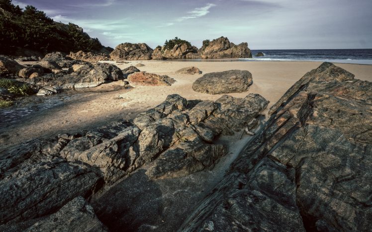 limestone, Rocks, Sea, Beach, Sand, Waves, Sky HD Wallpaper Desktop Background