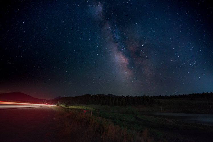 road, Starry night, Night, Sky, Lights, Car, Milky Way, Long exposure, Light trails HD Wallpaper Desktop Background