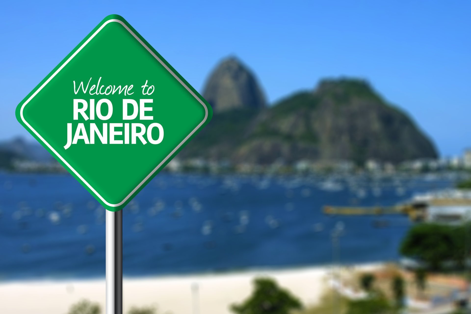 nature, Landscape, Mountains, Brasil, Rio de Janeiro, Road sign, Sea, Beach, Trees, Depth of field, Blurred Wallpaper