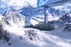 Artur Rosa, Nature, Landscape, Mountains, Digital art, Futuristic, Winter, Snow, Bridge, Trees, Forest, Clouds