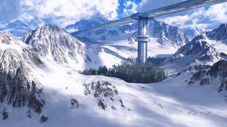 Artur Rosa, Nature, Landscape, Mountains, Digital art, Futuristic, Winter, Snow, Bridge, Trees, Forest, Clouds HD Wallpaper Desktop Background