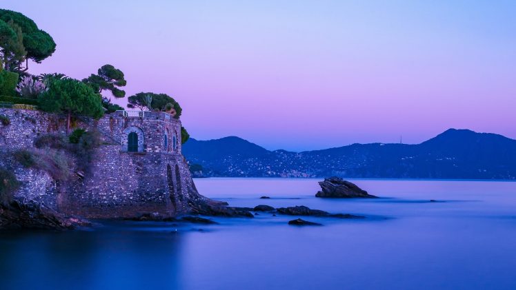 nature, Landscape, Mountains, Italy, Sea, Nervi, Evening, Rock, Fortress, Old building, Long exposure, Clear sky HD Wallpaper Desktop Background