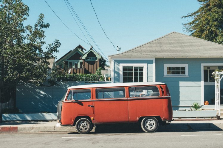 Volkswagen, Red, Car, House, Trees, Street HD Wallpaper Desktop Background